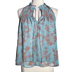 Current Air Anthropologie Top XS Teal Print Smocked Drawstring Sleeveless Blouse